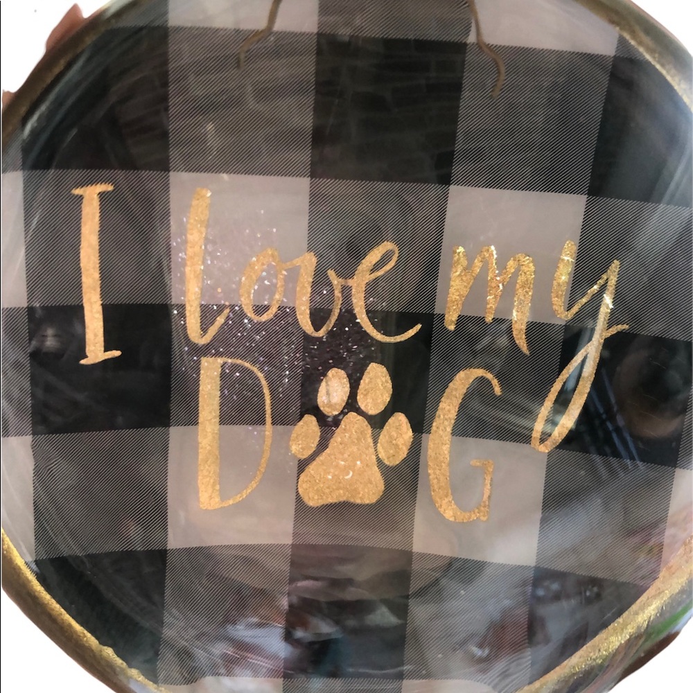 I Love My Dog Black & White Buffalo Check Plaid Hand Blown‎ Ornament NWT